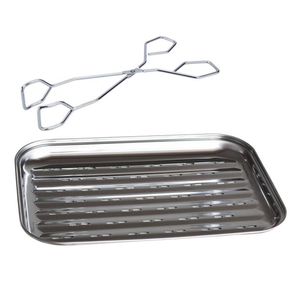 Grillschale Edelstahl 34,5cm x 24cm plus Grillzange
